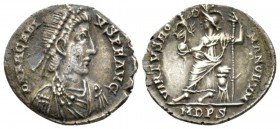 Arcadius, 383-408 Siliqua Mediolanum circa 393-394, AR 18mm., 2.10g. Diademed, draped and cuirassed bust r. Rev. Roma seated l. on throne, holding glo...