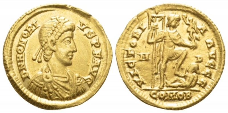 Honorius, 393-423 Solidus Mediolanum circa 395-402, AV 20mm., 4.40g. Pearl-diade...
