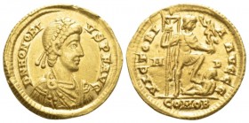 Honorius, 393-423 Solidus Mediolanum circa 395-402, AV 20mm., 4.40g. Pearl-diademed, draped and cuirassed bust r. Rev. Emperor standing r., r. foot on...