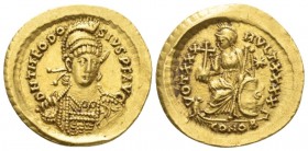 Theodosius II, 402-450 Solidus Constantinople 441-450, AV 21mm., 4.43g. D N THEODOSIVS P F AVG Diademed, helmeted and cuirassed bust facing, holding s...
