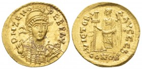 Zeno, 474-491 Solidus Constantinople circa 476-491, AV 19.9mm., 4.52g. D N ZENO PERP AVG Helmeted and cuirassed bust facing slightly right, holding sp...