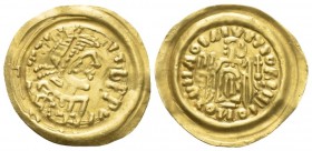 Lombards. Pseudo-Imperial coinage. Tremissis in the name of Maurice Tiberius (582-602) VII cent., AV 20mm., 1.20g. Diademed, draped, and cuirassed bus...