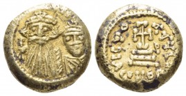 Constans, 641-688. Solidus Carthago circa 641-688, AV 14mm., 4.36g. Facing busts of Constans II and Constantine IV. Rev. Cross potent; in r. field, B....