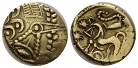 Celtic, Suessiones Stater early I century BC, AV 16mm., 5.96g. Devolved laureate head of Apollo r. Rev. Celticized biga galloping l., in l. field, two...