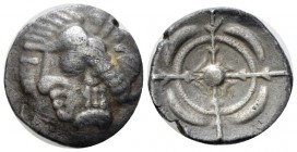 Celtic, South-Western Gaul. Drachm imitation of Rhodes circa 240-220, AR 20.1mm., 3.91g. Stylized female head l. Rev. Open rose seen from above. S.486...