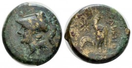 Campania, Cales Bronze circa 265-240, Æ 18mm., 6.13g. Helmeted head of Athena l. Rev. Cock standing r.; star to upper l. SNG ANS 188. Historia Numorum...