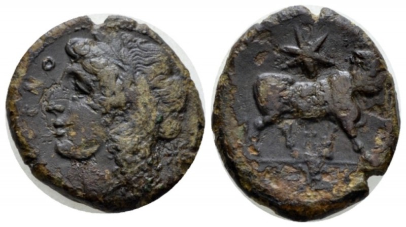 Campania, Cales Bronze circa 265-240, Æ 23mm., 6.45g. Laureate head of Apollo l....