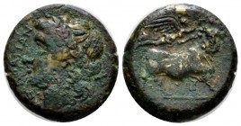 Campania, Neapolis Bronze circa 275-250, Æ 19mm., 5.39g. Laureate head of Apollo l., at r. T, Rev. Man-faced bull standing r.; above flying Nike crown...