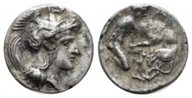 Apulia, Arpi Diobol circa 325-275, AR 12mm., 0.65g. Helmeted head of Athena r. Rev. Heracles strangling the Nemean lion. SNG ANS 632. Historia Nummoru...