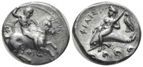 Calabria, Tarentum Nomos circa 332-302, AR 22mm., 7.89g. Armed horseman r. spearing down. Rev. Dolphin rider l., holding distaff; behind, eagle and be...