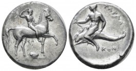 Calabria, Tarentum Nomos circa 302, AR 22mm., 7.74g. Horseman r. crowning himself; between horse’s legs, ΣA / Ionic capital. Rev. Dolphin rider l., ho...