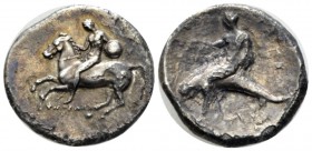 Calabria, Tarentum Nomos circa 280 BC, AR 23mm., 7.13g. Youth on horseback l., holding shield. Rev. Dolphin rider l., holding wreath; ΛY below. Vlasto...