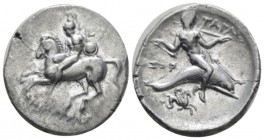 Calabria, Tarentum Nomos circa 281-270, AR 24mm., 7.78g. Horseman, holding shield, about to dismount l. Rev. Dolphin rider r.; below, hippocamp. Vlast...