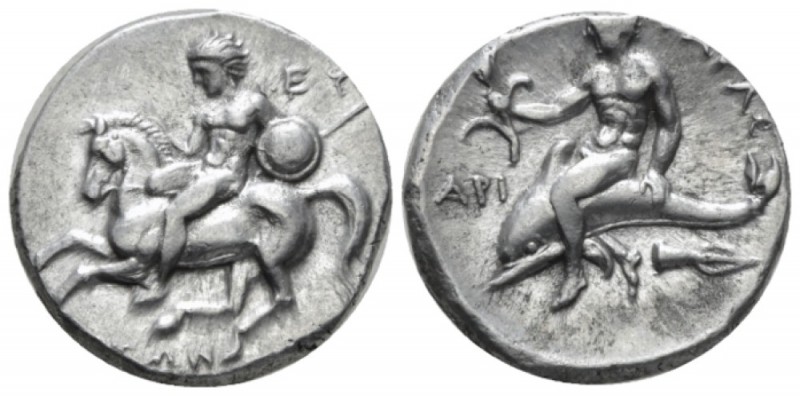 Calabria, Tarentum Nomos circa 281-270, AR 22mm., 7.66g. Rider l., holding spear...