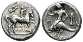 Calabria, Tarentum Nomos circa 272-240, AR 20mm., 6.10g. Youth on horseback r., crowning horse and holding rein; Nike flying r. above, crowning youth....