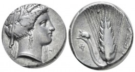 Lucania, Metapontum Nomos circa 340-330, AR 23mm., 7.85g. Lucania, Metapontum Nomos circa 340-330, AR 22mm., 7.76g. Veiled head of Demeter r., wearing...