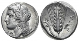 Lucania, Metapontum Nomos circa 330-290, AR 21mm., 7.91g. Wreathed head of Demeter l.; below chin, ΔΩPI. Rev. Barley ear of seven grains with leaf to ...
