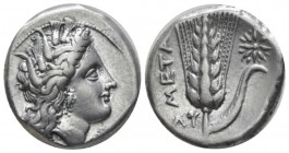 Lucania, Metapontum Nomos circa 330-290, AR 22mm., 7.85g. Head of Demeter r., wearing barley wreath. Rev. Ear of barley with leaf r., on which, star. ...
