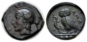 Sicily, Camarina Tetras circa 420-405, Æ 15mm., 2.75g. Head of Athena l. Rev. Owl standing l., holding lizard. CNS 29. SNG ANS 1230.

Extremely Fine...