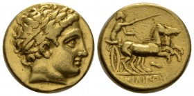 Kingdom of Macedon, Philip II, 359 – 336 Pella Stater circa 323-315, AV 19mm., 8.51g. Laureate head of Apollo r. Rev. Charioteer driving fast biga r.;...