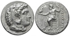 Kingdom of Macedon, Alexander III, 336 – 323 Arados Tetradrachm circa 324-320, AR 28mm., 16.79g. Head of Herakles r., wearing lion skin. Rev. Zeus sea...