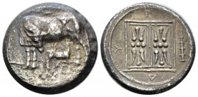 Illyricum, Dyrrachium Stater circa 450-350, AR 21.5mm., 9.78g. Cow suckling calf. Rev. Floral pattern within linear square; in exergue, club. BMC 22. ...