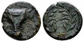 Phocis, Ferela Coinage Bronze 357-354 BC, Æ 16mm., 3.58g. Facing bull’s head as above, star of hair between the eyes. Rev. ΦΩ in berried wreath tying ...