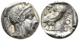 Attica, Athens Tetradrachm after 449 BC, AR 24.6mm., 17.23g. Head of Athena r., wearing Attic helmet decorated with olive leaves and palmette. Rev. Ow...