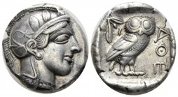 Attica, Athens Tetradrachm after 449 BC, AR 23.2mm., 17.15g. Head of Athena r., wearing Attic helmet decorated with olive leaves and palmette. Rev. Ow...