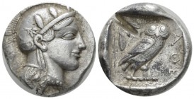 Attica, Athens Tetradrachm circa, AR 25.8mm., 17.17g. Head of Athena r., wearing Attic helmet decorated with olive leaves and palmette. Rev. Owl stand...