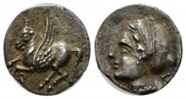 Corinthia, Corinth Drachm circa 360-350, AR 14mm., 2.71g. Pegasus flying l. Rev. Head of Aphrodite l.; wearing saccos. BCD Corinth 171. SNG Fitzwillia...