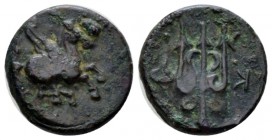 Corinthia, Corinth Bronze circa 355-345, AR 14mm., 2.06g. Pegasus flying r. Rev. Trident; in r. field, K. BCD Corinth –. SNG Copenhagen 188.

Dark g...