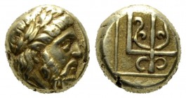 Lesbos, Mytilene Hekte circa 375-326, EL 12mm., 2.55g. Head of Poseidon r. Rev. Ornated trident; all within incuse square. Bodenstedt 98. Very rare an...