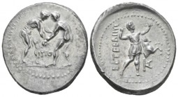 Pamphilia, Aspendus Stater circa 300-280, AR 26mm., 10.55g. Two wrestlers grappling; below, ΠO. Rev. Slinger to right; in field r., forepart of horse ...