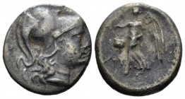 Pamphilia, Side Drachm circa 200, AR 18mm., 3.75g. Helmeted head of Athena r. Rev. Nike advancing l.; holding wreath. In l. field, pomegranate. SNG vo...