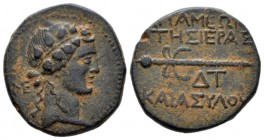 Seleucis ad Pieria, Apameia Bronze circa 9-8, Æ 20mm., 6.73g. Head of Dionysos r., wearing ivy wreath. Rev. Thyrsos; ΔΤ (date) to inner left; M–A acro...