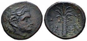 Cyrenaica, Cyrene Bronze circa 282/75-261, Æ 20mm., 4.46g. Head of Zeus-Ammon r. Rev. Palm tree with fruit; silphion plant and in r. field. SNG Copenh...