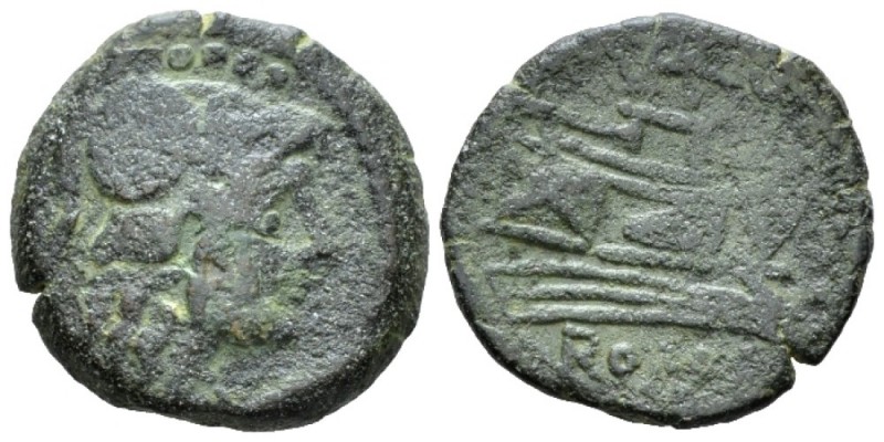 Terentius Varo Triens circa 169-158, Æ 22mm., 6.88g. Helmeted head of Minerva r....