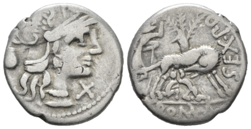 Sex. Pompeius. Denarius 137, AR 18.5mm., 3.73g. Helmeted head of Roma r.; below ...