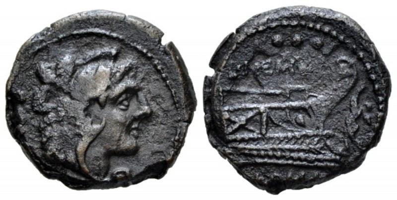 L. Memmius Galeria Quadrans circa 106, Æ 18mm., 4.16g. Head of Hercules r., wear...