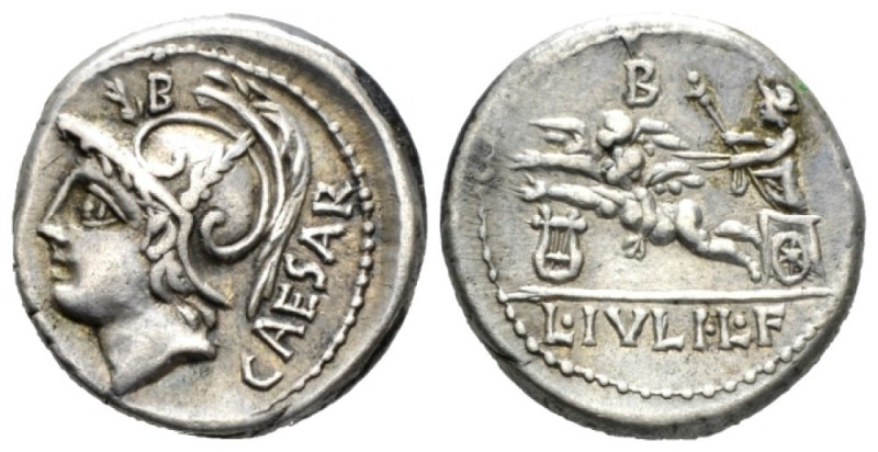 L. Iulius Caesar. Denarius circa 103, AR 17mm., 3.88g. Helmeted head of Mars l.;...