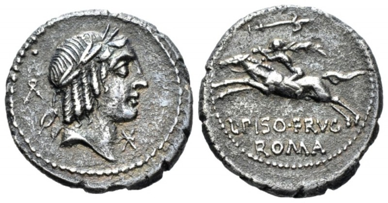 L. Piso Frugi Denarius circa 90, AR 19mm., 3.36g. Laureate head of Apollo r.; be...