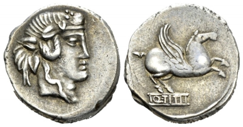 Q. Titius. Denarius circa 90, AR 18mm., 3.94g. Head of Liber r., wearing ivy wre...