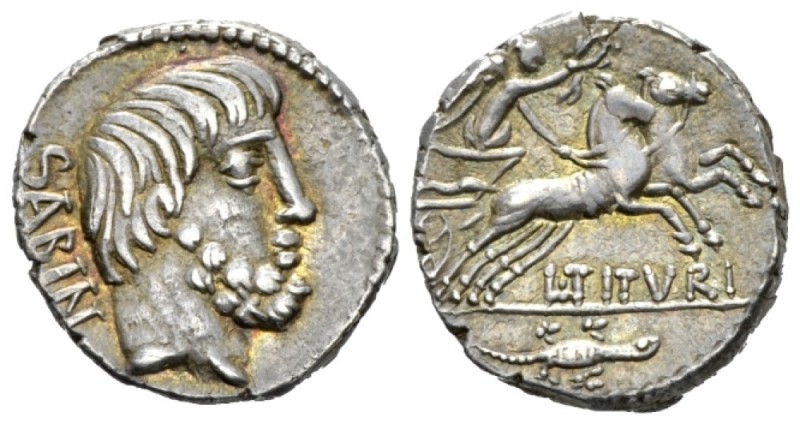 L. Tituri L.f. Sabinus. Denarius 89, AR 17mm., 4.09g. SABIN Head of King Tatius ...