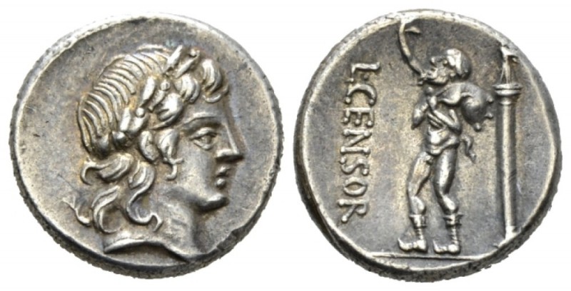 L. Marcius Censorinus. Denarius circa 82, AR 15.5mm., 3.88g. Laureate head of Ap...