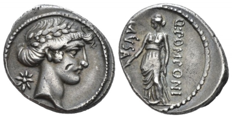 Q. Pomponius Musa. Denarius circa 66, AR 18.5mm., 3.40g. Laureate head of Apollo...