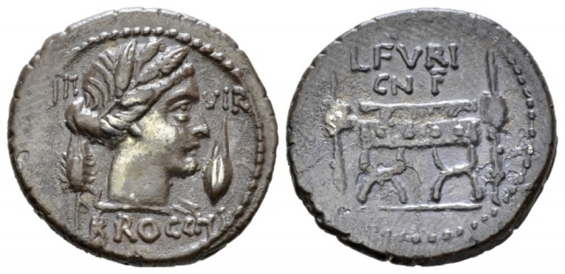 L. Furius Cn. f. Brocchus. Denarius circa 63, AR 19.5mm., 3.91g. III – VIR Head ...