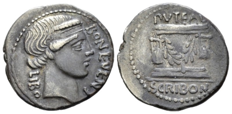 L. Scribonius Libo. Denarius circa 62, AR 20mm., 3.76g. BON EVENT – LIBO Diademe...