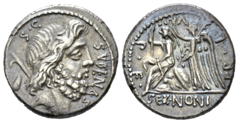 N. Nonius Sufenas. Denarius circa 59, AR 17.5mm., 3.97g. SVFENAS – S·C Head of S...