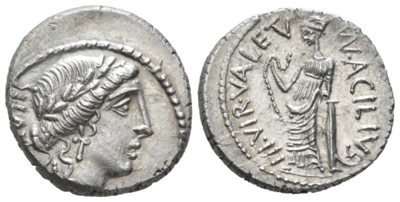 Mn. Acilius. Denarius circa 49, AR 19mm., 4.12g. SALVTIS Laureate head of Salus ...